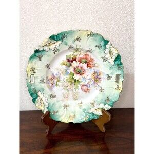 Antique RS Prussia Porcelain Cake Plate Serving Platter, Art Nouveau Green Poppy
